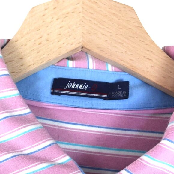 Johnnie-O Pink Blue Stripe Polo Shirt Size L  Surf Logo Beachy Preppy - Picture 3 of 7